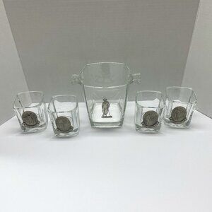 Vtg Set Arthur Court Ice Bucket Golf & 4 Medallion Golf Lowball Glasses Pewter
